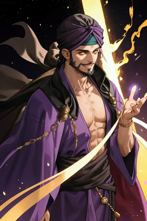 Arabian sorcerer, male, 40 years old, tan skin, muslim, long black hair, short beard, turban, purple noble robes, too confident, smiling, chest amulet, dark theme, yellow eyes, detailed, best high quality, masterpiece, 8k