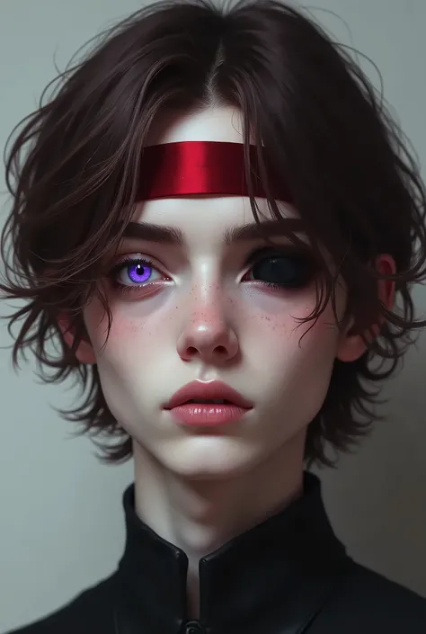 A brown haired boy, the right eye completely black with a purple pupil and the other normal with a purple pupil and his forehead with a red ribbon of the age of 20 years 