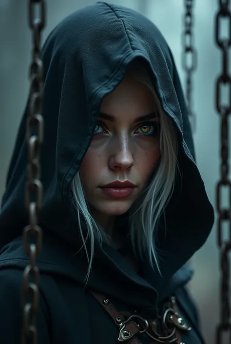 a medieval assassin, 1girl, beautiful detailed eyes, beautiful detailed lips, extremely detailed eyes and face, longeyelashes, silver chains floating in the dark night, jet-black assassin clad in chains, yellow and blue eyes, dark skin, white hair, black h...