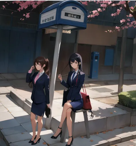 young women, business academy student, are waiting at bus stop under the tree, telephone box on background, they are wearing navy-blue long sleeves blazer, pink shirt with navy-blue tie, navy-blue pencil skirt, black heels, BREAK, ((masterpiece:1.2), (best...