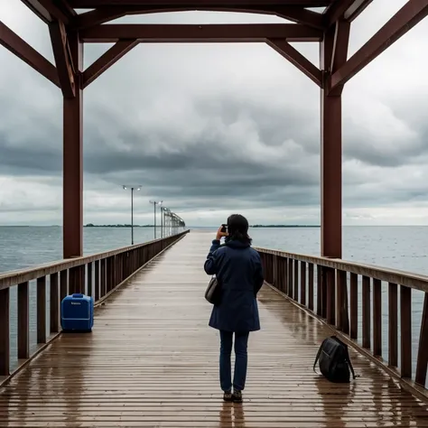 a woman standing on a pier in front of a bridge with smartphone in her hand, its raining, Chizuko Yoshida, official art, concept art, neo-figurative, highly detailed