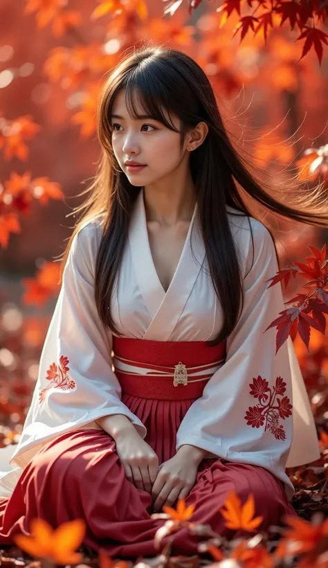 Realistic portrait of a young woman in traditional kimono, Sitting gracefully in a landscape of vibrant red maple leaves. Autumn leaves gently fluttering in the wind, Add a dynamic and poetic element to the scene. Her long hair flows gently, Her expression...