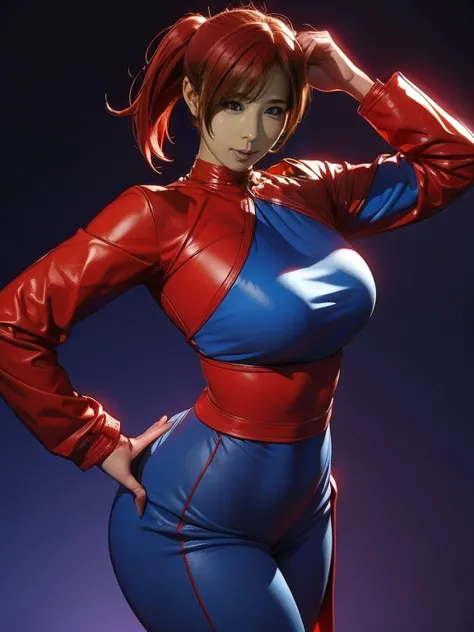 Heavyweight woman in red and blue clothes posing, Fighting game characters, 3d character art 8k, Asuka, As a character in Tekkun, King of Fighters characters, Fighter Pose, Mirabelle Madrigal&#39;s Rendering, Combat pose, 3D Character Art, 8k octa-rendered...