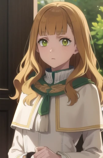 mimosavermillion, mimosa vermillion, brown hair, (green eyes:1.5), blunt bangs, bangs, medium hair, wavy hair,
break dress, cape...