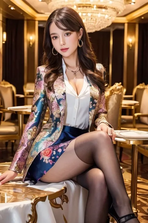 (Colorful)、Blazer jacket、(Silk blouse)、(Floral print midi skirt:1.3)、(Silk Pantyhose、High heels)、Super delicate face、Ultra-detailed eyes and face、double eyelid、Glossy Lips、1 girl 、You can see her beautiful skirt, legs and high heels、Two well-balanced legs、...