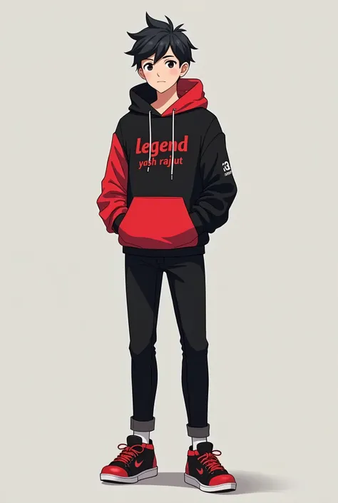 Prompt for AI AVATAR 👇

Create a image of "A 18 years anime boy straight stand , wearing black and red hoodie with the Channel Name on it "Legend Yash Rajput". ."Show full body Stylish