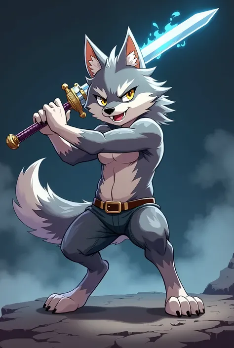 Wolf　Anime character style　cool　cute　Bipedal　Sword in left hand　action