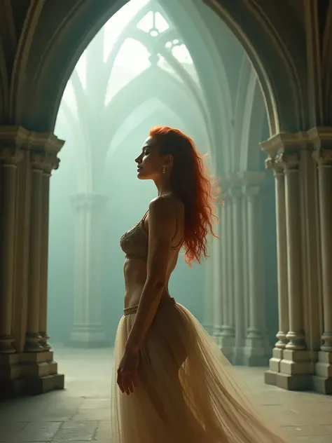 A portrait of a curvy Latina dancer with pale red hair, ethereal dreamy fog, photographed by Annie Leibovitz for an editorial fashion magazine photoshoot. The photoshoot features fashion poses in front of gothic cathedral architecture, reminiscent of Kinfo...