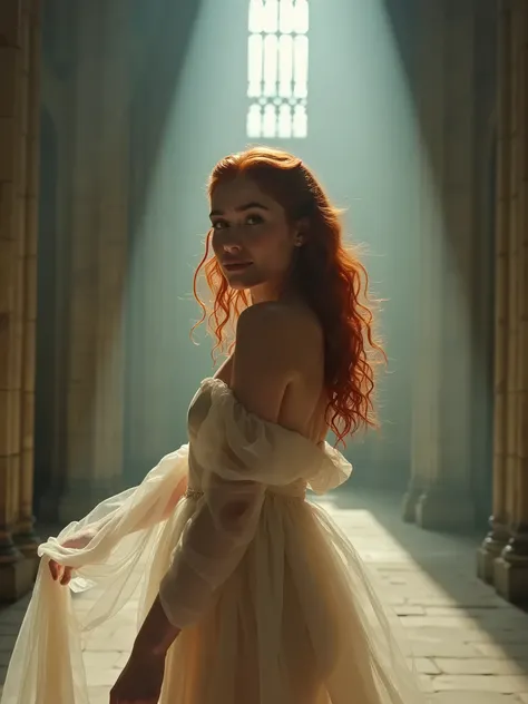 A portrait of a curvy Latina dancer with pale red hair, ethereal dreamy fog, photographed by Annie Leibovitz for an editorial fashion magazine photoshoot. The photoshoot features fashion poses in front of gothic cathedral architecture, reminiscent of Kinfo...