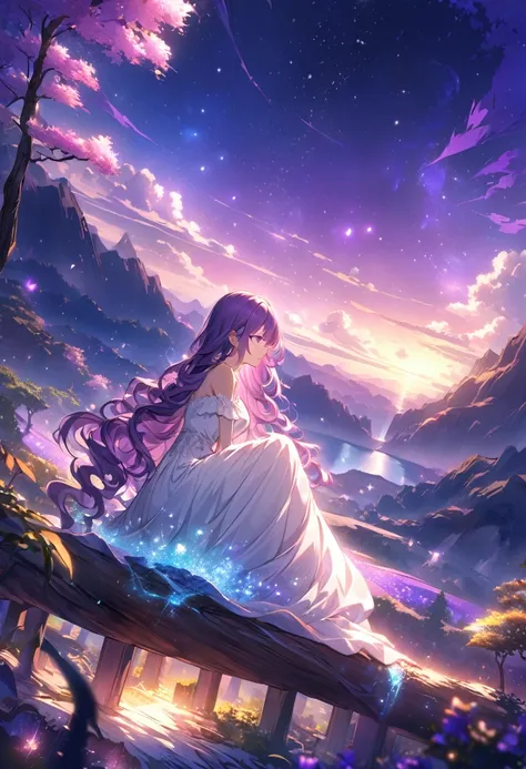 (purple nightsky landscape,purple background,starry sky,anime girl watching stars sitting,solitairy,long wavy hair,broken hair,side bangs, purple eyes,white simple dress) ,ultra-detailed, HDR, vibrant colors, fantasy art style, moonlight, serene atmosphere...