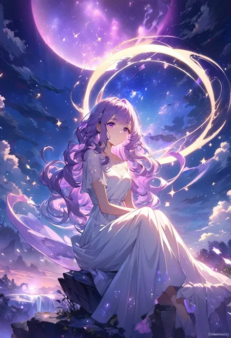 (purple nightsky landscape,purple background,starry sky,anime girl watching stars sitting,solitairy,long wavy hair,broken hair,side bangs, purple eyes,white simple dress) ,ultra-detailed, HDR, vibrant colors, fantasy art style, moonlight, serene atmosphere...