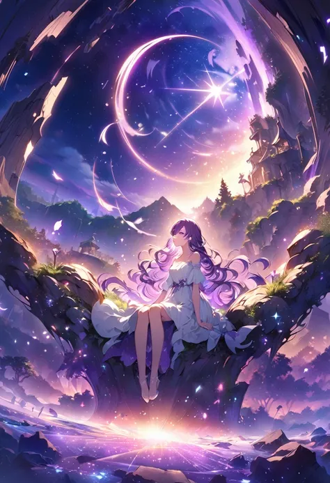 (purple nightsky landscape,purple background,starry sky,anime girl watching stars sitting,solitairy,long wavy hair,broken hair,side bangs, purple eyes,white simple dress) ,ultra-detailed, HDR, vibrant colors, fantasy art style, moonlight, serene atmosphere...