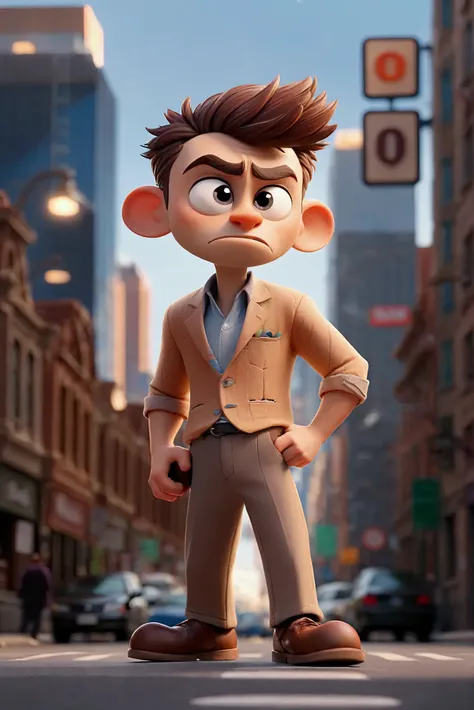 Close-up de Daniel, a man, comes dressed on the way to work with a serious expression, walking hurriedly on a busy street, surrounded by tall buildings and bright lights. Disney Pixar Cartoon style.