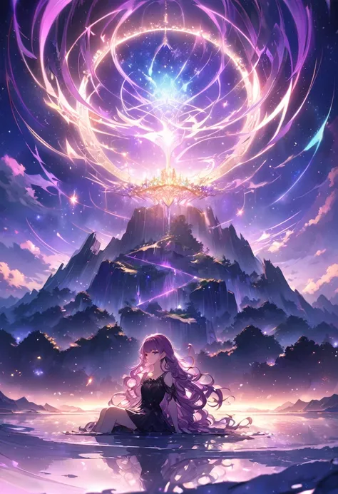 (purple nightsky landscape,purple background,starry sky,anime girl watching stars sitting,solitairy,long wavy hair,broken hair,side bangs, purple eyes,black simple dress) ,ultra-detailed, HDR, vibrant colors, fantasy art style, moonlight, serene atmosphere...