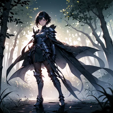 (((masterpiece, best quality, high detailed, 16k))) (1girl) A mysterious, shadowy woman with short black hair and piercing violet eyes. She wears dark, sleek armor designed for stealth, with intricate patterns that shift and blend into the shadows. Nyxara ...