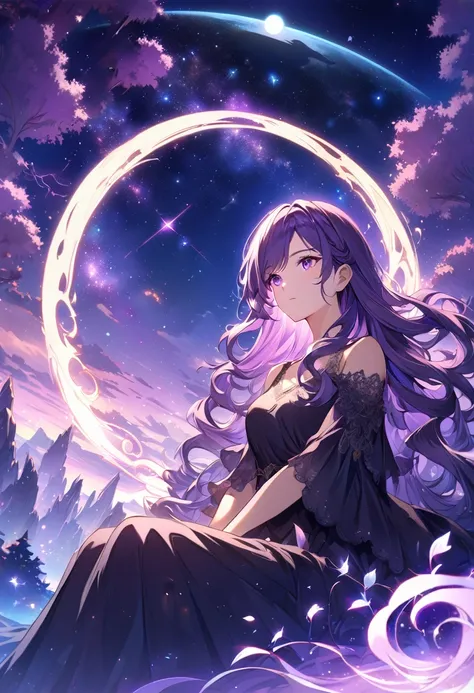 (purple nightsky landscape,purple background,starry sky,anime girl watching stars sitting,solitairy,long wavy hair,broken hair,side bangs, purple eyes,black simple dress) ,ultra-detailed, HDR, vibrant colors, fantasy art style, moonlight, serene atmosphere...