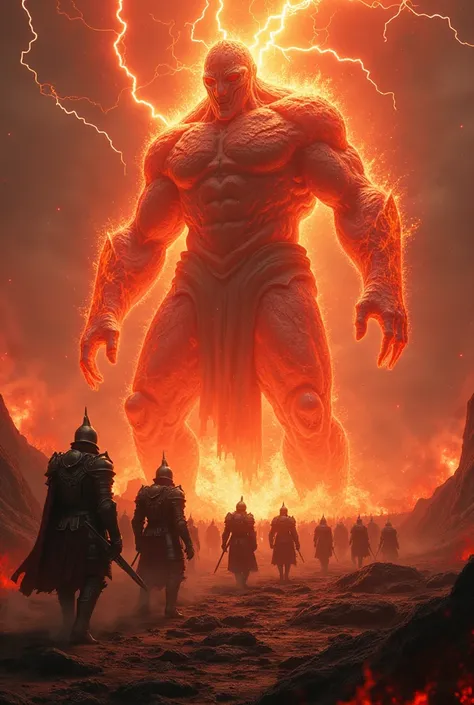 An army of knights, facing against a giant lava god of fire and brimstone、battlefield、red lightning、climactic battle、