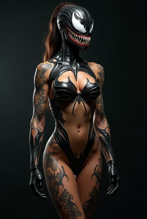 Spiderman Venom woman completely naked and tattooed, the symbiote only covers her face, nipples and pelvic area, very athletic body, erotic, sexy, sexy, escena muy erotic, big breasts and very big butt, professional studio light, masterpiece, UHD