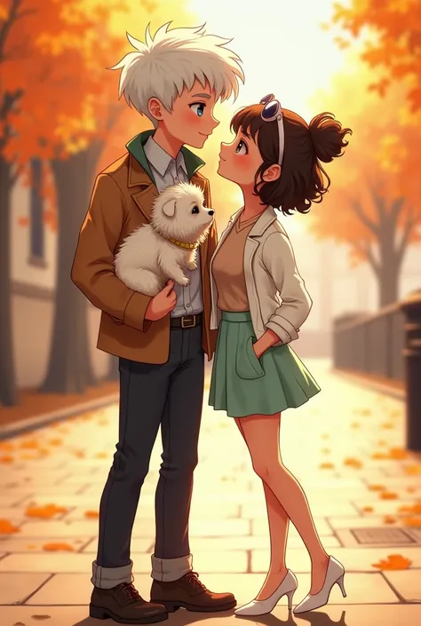 a boy with elegant autumn clothes, white hair, blue eyes, white skin, 1.70 tall, with freckles, carrying his bichon maltese dog smiling 
a girl of 1.60 with short curly dark brown hair, pastel brown shirt, light green mini skirt, white fluffy velvet jacket...