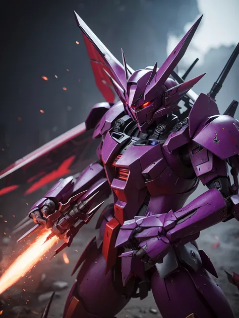 Best Quality、High resolution、8k、UHD、A demon-themed Gundam、Supple、beautiful、Purple Armor、Thorn Spear、Mecha、Wound damage