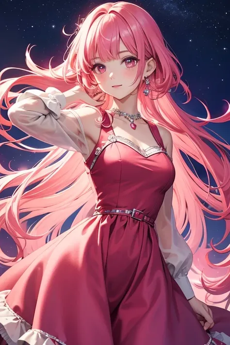 In detail, girlish woman, pink hair, Ruby eyes, Gorgeous one piece, night sky background, princess, High quality, Very detailed