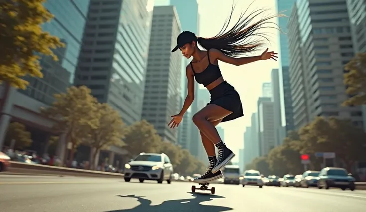 Low angle camera view from below, In the bustling streets of a contemporary metropolis at daytime a beautiful 25 y.o. afro american female skateboarding. She jumps with her skateboard.  She is wearing a Black short stretch skirt and Solid Black Cropped Tan...