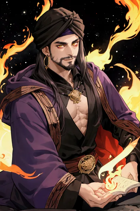 Arabian sorcerer, male, 40 years old, dark brown skin, muslim, long black hair, short beard, hood and turban, purple noble robes, too confident, smiling, chest amulet, pierced ears, hoop earrings, dark theme, fire and shadows, yellow eyes, black and red ey...