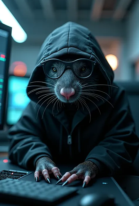 I want to create the image of an animal known as a mole., But this mole is a hacker with glasses and a black hood., who is surrounded by futuristic computers and has a bad face