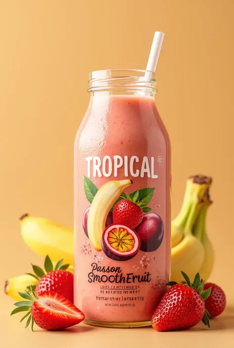 Tropical passion fruit smoothie with banana and strawberry pieces realistic packaging