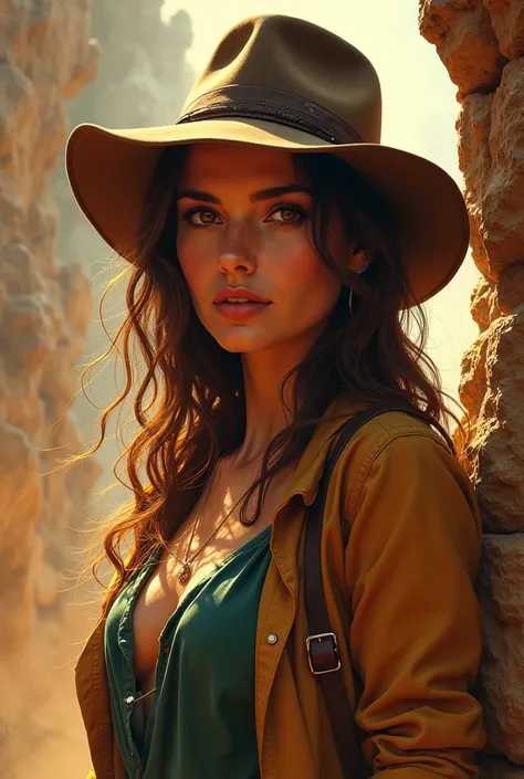 Beautiful woman indiana jones coloured background white 