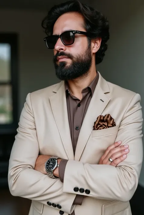 A man with a well-groomed beard and stylish sunglasses.. He is dressed in an elegant, tailor-made suit made to measure, with a smart blazer and a crisp dress shirt. The blazer is a deep beige with subtle stripes..., And the shirt is the color that best mat...