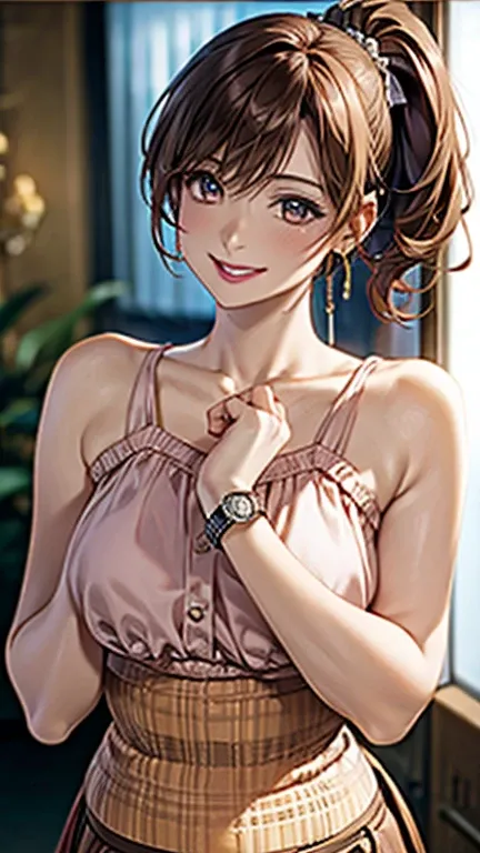 Female, 26 years old，housewife，sunlight，smile，Applying Lipstick，Light brown curly short hair，Left ponytail，slightly plump，Firm breasts，Market Shopping，Wearing a watch on his right hand，Half-moon earrings，skirt