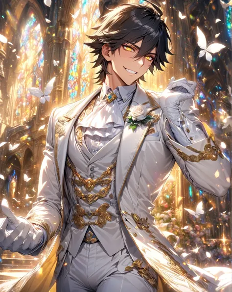 absurdres, highres, ultra detailed, HDR, master piece, best quality, detailed eyes, detailed face, Ozymandias, black hair, expressive yellow eyes, Fate Grand Order, solo, sexy man, handsome, sensual, adult face, mature, groom, white jacket, white tuxedo, w...