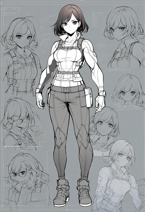 blueprint of a lineart girl, short disheveled cut pixie dark hair, dark eyes, muscular, combat style clothes, multiple perspectives, schematics, labels, full body, lineart, sharp lines, crisp,