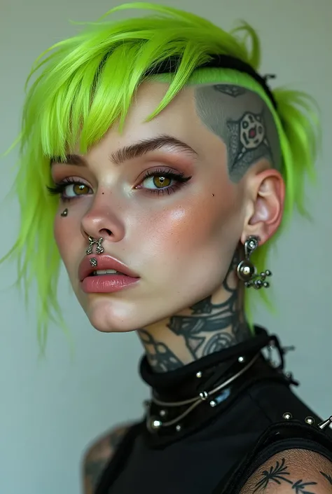 A girl with her hair to the side, short bangs, side shaved hair with a cyberpunk tattoo in the shaved place (with the tattoo invading the face a little), a surface piercing on the cheekbone, ear expanders, eyebrow center piercing, that&#39;s a bad nose, tw...