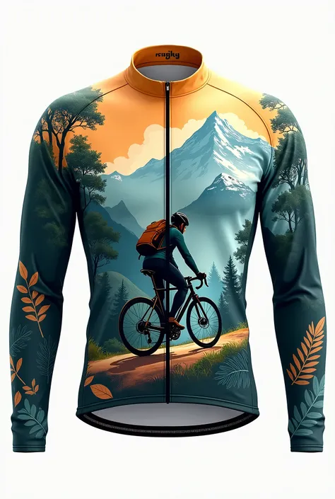 long sleeve cycling shirt with nature, mountains and bike
