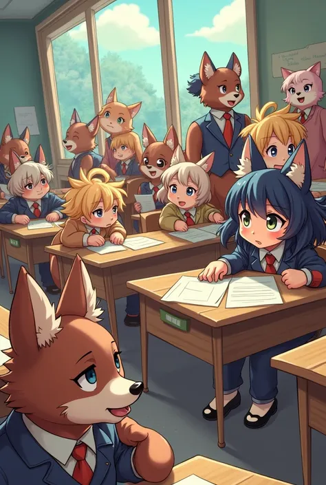 top quality, best quality, highres, masterpiece, super high resolution, detailed background, School, class, 6+boys, 6+girls, absurdres(highly detailed beautiful face and eyes)perfect anatomy, good lighting, cinematic shadow(kemono, furry anthro)assorted ex...