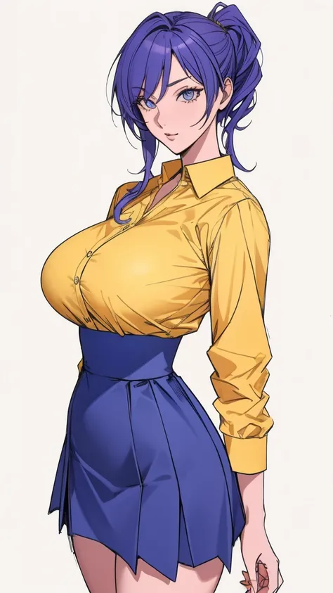 tendou_kasumi, , Yellow_Shirt_blue_high-waist_skirt, standing, solo, large breasts,, masterpiece, best quality, detailed face, detailed eyes, highres,