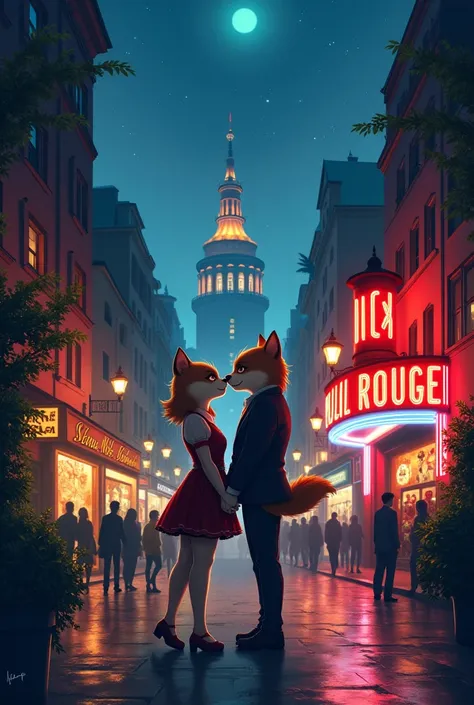 top quality, highres, High-quality illustrations, unparalleled masterpiece, arafed image of a couple in a city street at night, furry, anthro, kemono, moulin rouge, moulin rouge, movie artwork, concept art of love, movie art, movie poster painting, bestsel...