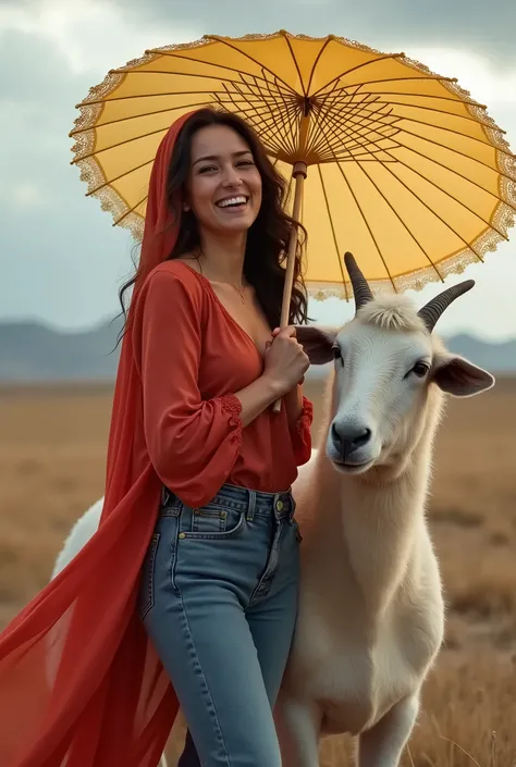 Une image réaliste et claire avec des détails plus que merveilleux et en haute résolution 8K, une femme arabe portant un jean et une chemise en soie rouge vif chevauchant un âne et tenant dans ses mains un parapluie en dentelle jaune. La femme est montrée ...