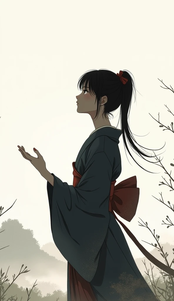 Shrine maiden,Illustration,silhouette,Landscape,No background,Bust Up,Upper Body,Line art,Lithograph,Ink Painting、Japanese style,Looking up,Extend one arm forward,ribbon, Simple Background, Feet out of frame, ponytail, 