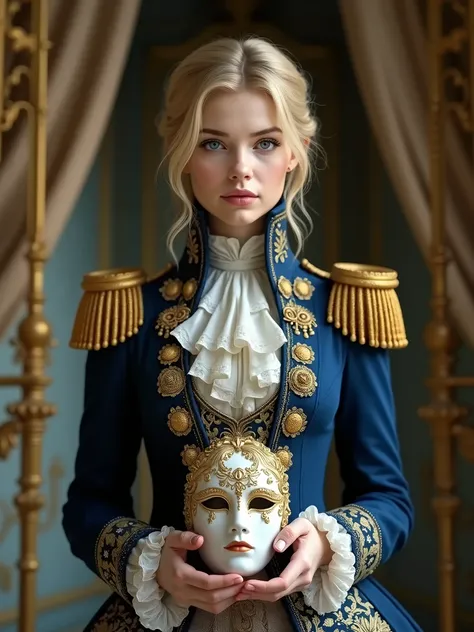 a woman in a costume holding a mask, a portrait, cgsociety contest winner, rococo, xix century military outfit, navy, portrait of magical blond prince, skeleton pirate