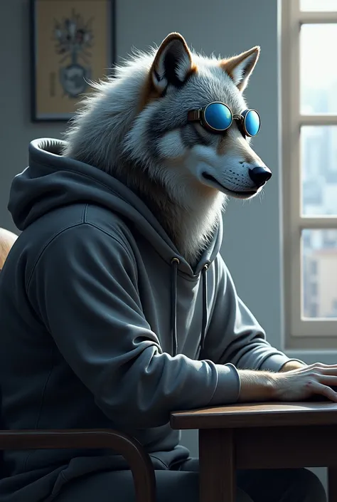 Masterpiece, Solo, Male Grey Wolf, Blue Eyes, Grey Medium Hair, Muscular Body, Adult, Fierce, Hoodie, Wearing Goggles, Side View, Half Body, Drawing in desk, Sitting in chair, Room Background.