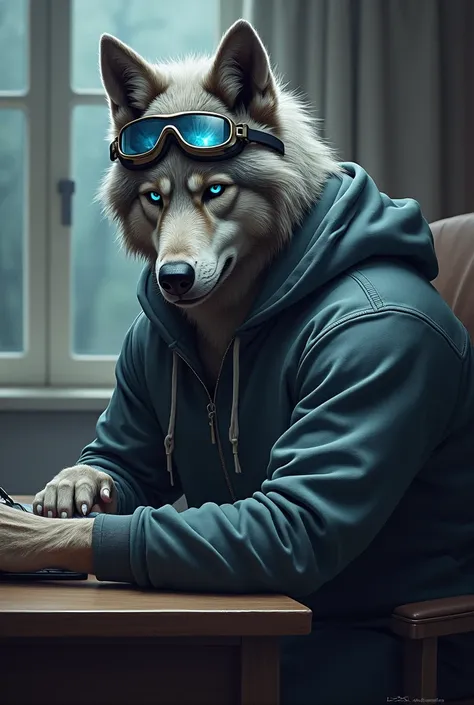 Masterpiece, Solo, Male Grey Wolf, Blue Eyes, Grey Medium Hair, Muscular Body, Adult, Fierce, Hoodie, Wearing Goggles, Side View, Half Body, Drawing in desk, Sitting in chair, Room Background.