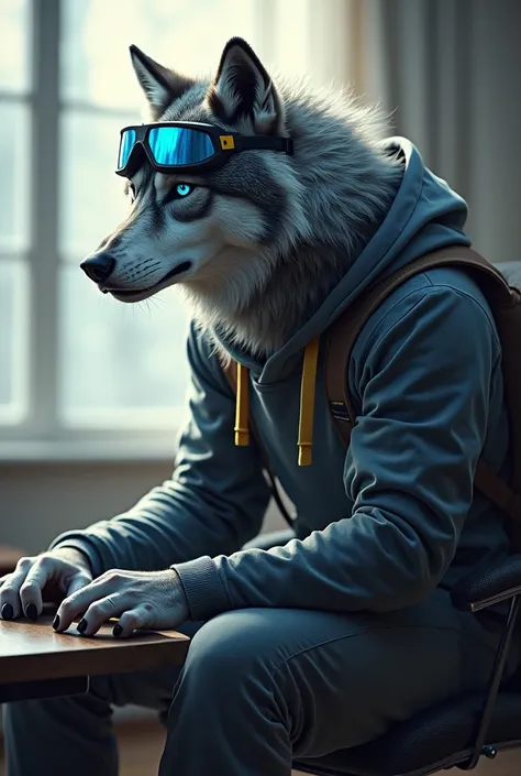 Masterpiece, Solo, Male Grey Wolf, Blue Eyes, Grey Medium Hair, Muscular Body, Adult, Fierce, Hoodie, Wearing Goggles, Side View, Half Body, Drawing in desk, Sitting in chair, Room Background.