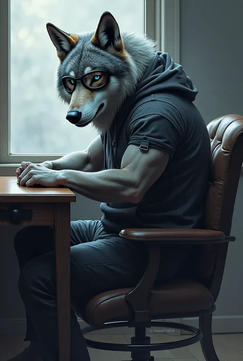 Masterpiece, Solo, Male Grey Wolf, Blue Eyes, Grey Medium Hair, Muscular Body, Adult, Fierce, Hoodie, Wearing Goggles, Side View, Half Body, Drawing in desk, Sitting in chair, Room Background.