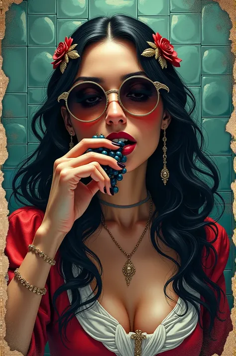 Grande Mosaic Vetro.
bella donna spagnola, in national clothes, capelli longhi, bellissime forcine per capelli, with bright and sparkling eyes, ciglia longhe, full lips, occhiali da sole, shiny skin, bella manicure, eat the grapes.
horror.
Comics in grunge...