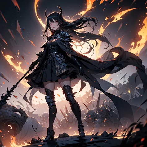 (((masterpiece, best quality, high detailed, 16k))) (1girl) A terrifyingly powerful demoness with dark, shadowy hair that writhes like tendrils of pure chaos, and eyes that burn with the fires of annihilation. Her armor is made from shattered fragments of ...