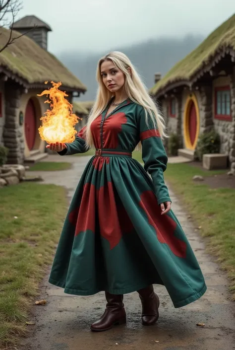 a beautiful concentrated sorceress with long blond hair dressed in a mage robe and boots casts a fireball in a dynamic battle pose against the background of a picturesque hobbit village, cold atmosphere, an intricate mix of colors