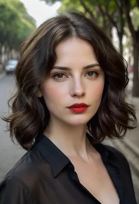 Foreground, Women, natural lighting, realistic, masterpiece, Women colombiana delgada, pale light skin, short wavy shoulder length dark brown hair, dark brown eyes, soft face, thin nose, thin red lips, small mole above the lip, wearing a black shirt, in th...